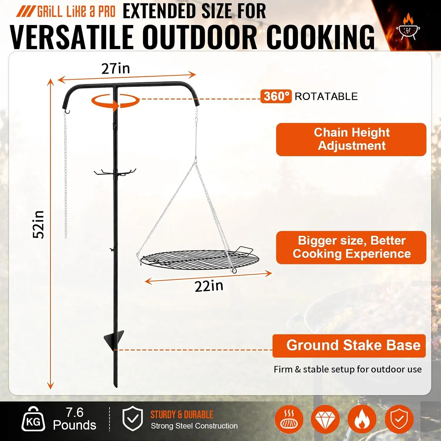 Campfire Hanging Grill Grate, 22-Inch Cooking Surface with 53-Inch Ground Stake