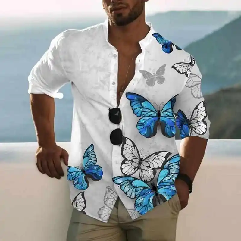 

Men's Long Sve Printed Casual irt Loose Fit adient Color Sun Protection Cotton Youthful Sle Zipper Closure ort Length