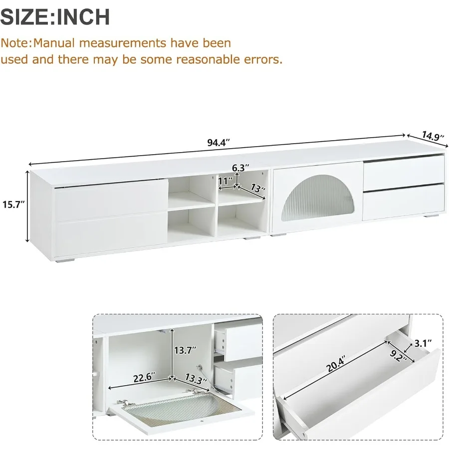 حامل تلفزيون حديث مع أبواب زجاجية مخددة لأجهزة التلفاز حتى 100 وحدة تحكم وسائط مع باب منزلق ودرجين مصباح LED لغرفة المعيشة باللون الأبيض #2