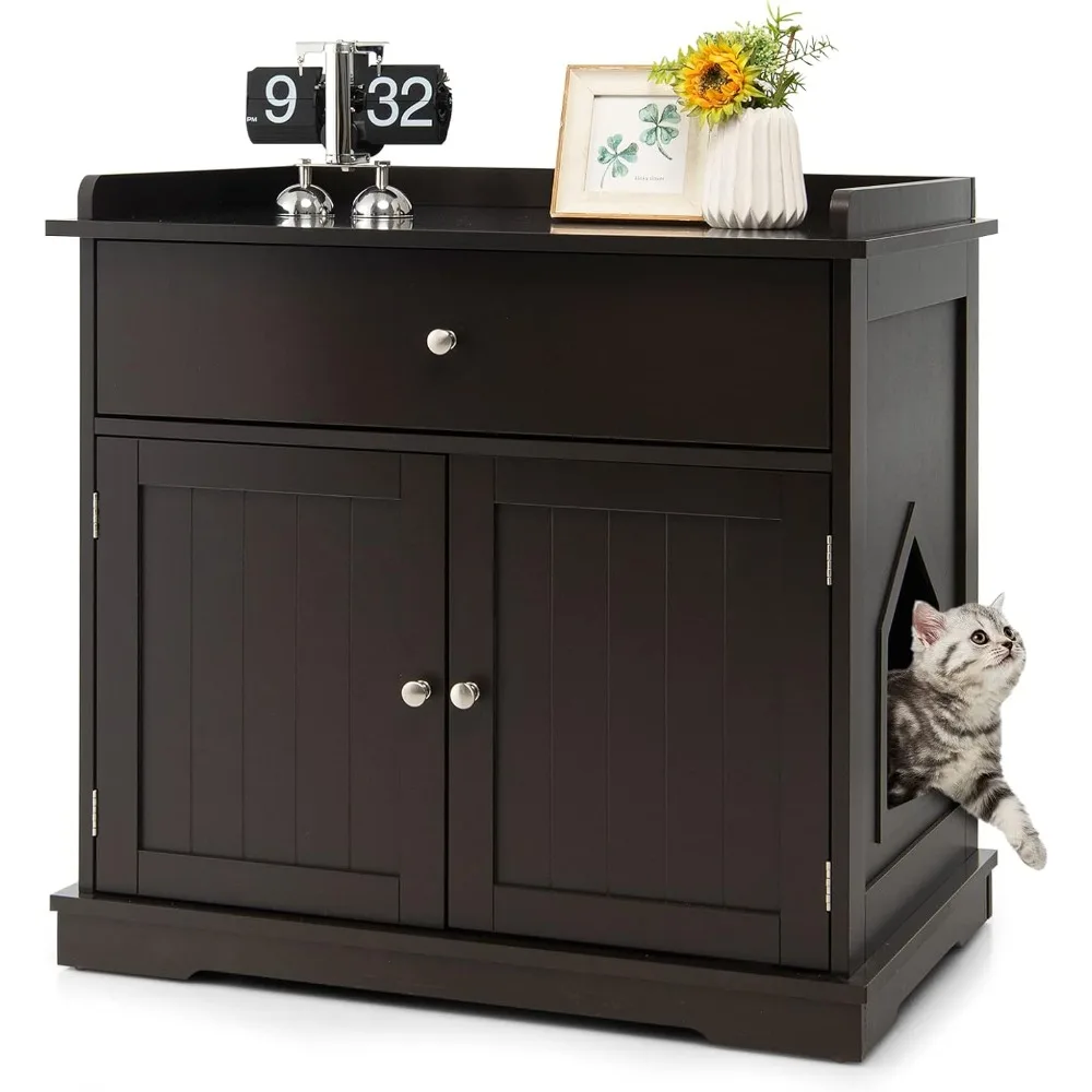 

Корпус для кошачьего туалета Tangkula, скрытая мебель для кошачьего туалета с большим ящиком, 2-дверная, скамья для хранения в ванной комнате для кошек в помещении Sid