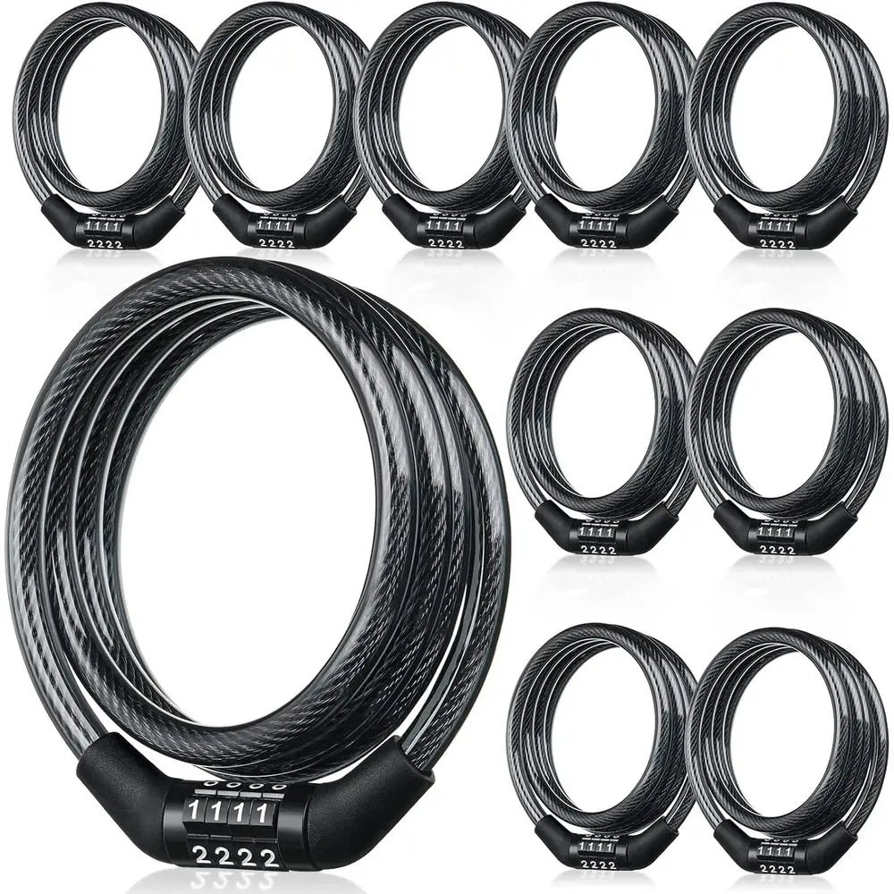 

10-Pack 4-Foot Preset Combination Bike Lock, High Security 4-Digit Anti-Theft Cable Locks, Black, 5/6 Inch Diameter Accessories