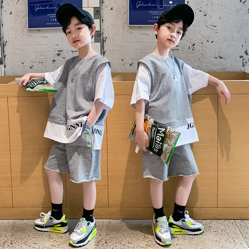 Summer Children Boy Clothes Set Kid Faux Two-piece Letterr Printed Tshirts and Shorts 2 Pieces Suit Teenage Top Bottom Outfits