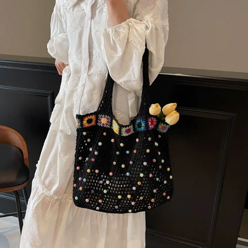 

Korean Style Knitting Shoulder Bag Large Capacity Contrast Color Crochet Tote Bag Solid Color Versatile Casual Woven Handbag