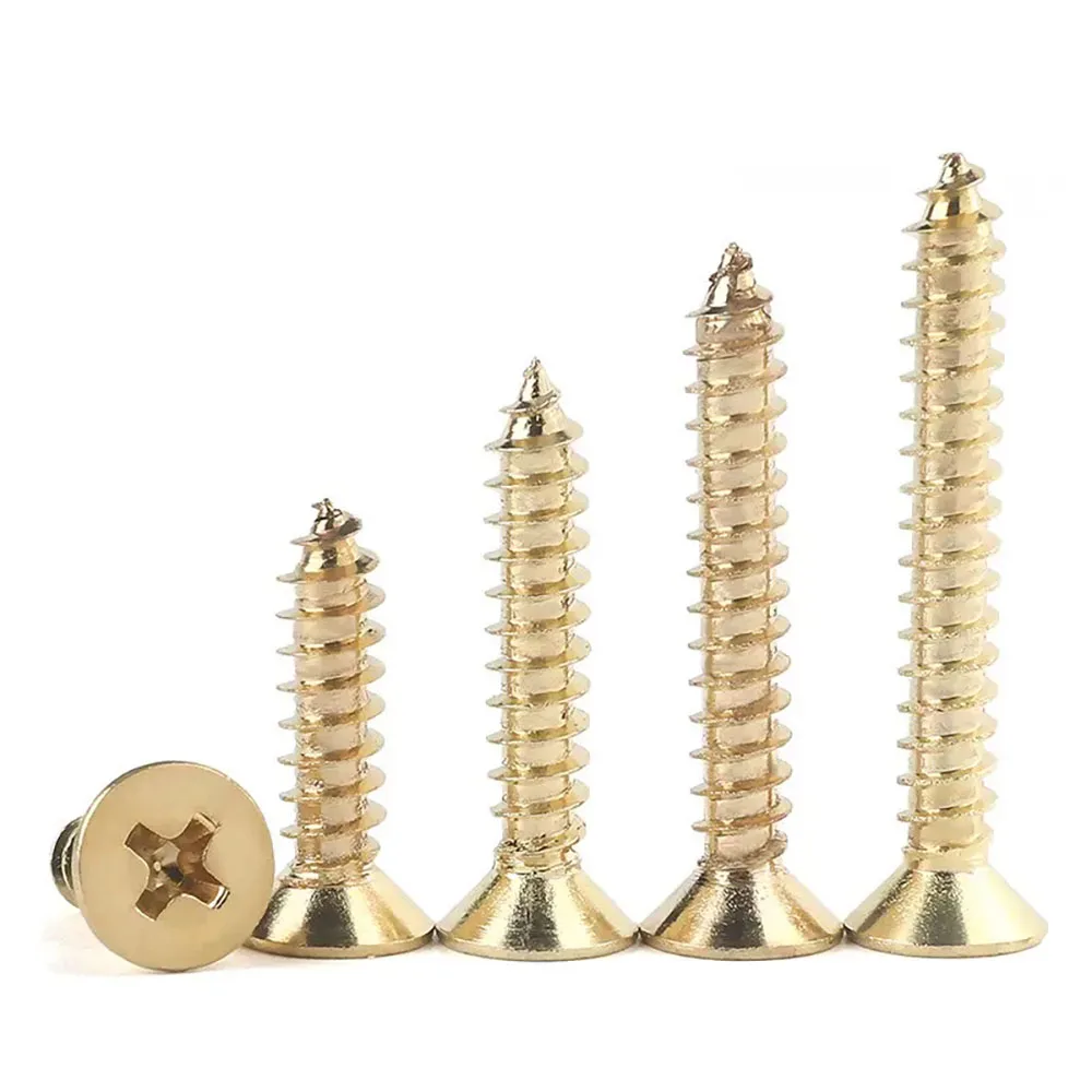6-80pcs Brass Cross Recessed Countersunk Head Pointed Tail Self-Tapping Screws M3 M3.5M4M5 Phillips Flat Head Tapping Wood Screw