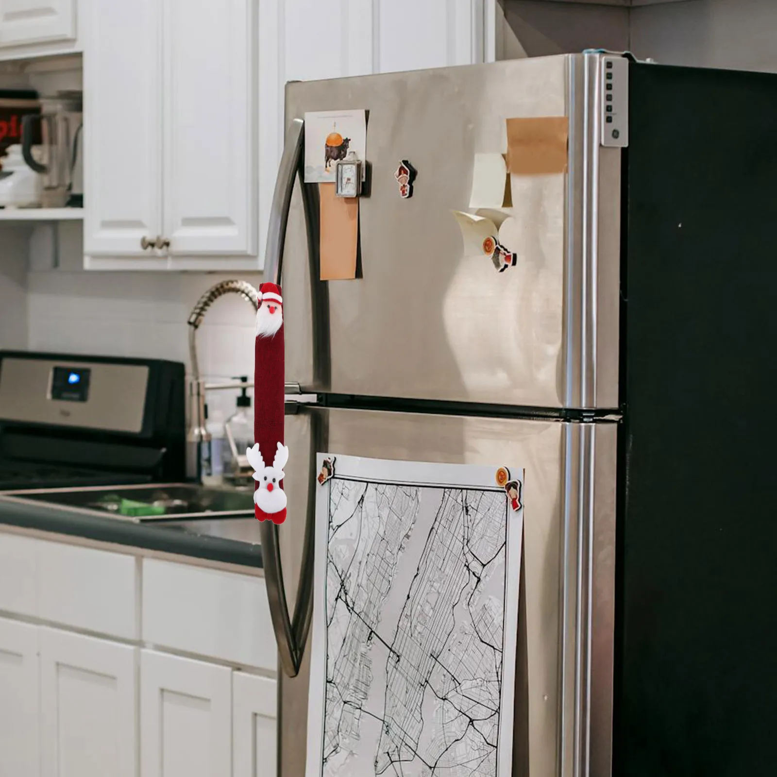 

Red Christmas Refrigerator Door Handle Covers for Microwave Oven Stove Knobs Protective Holiday Kitchen Decor Burlap Style