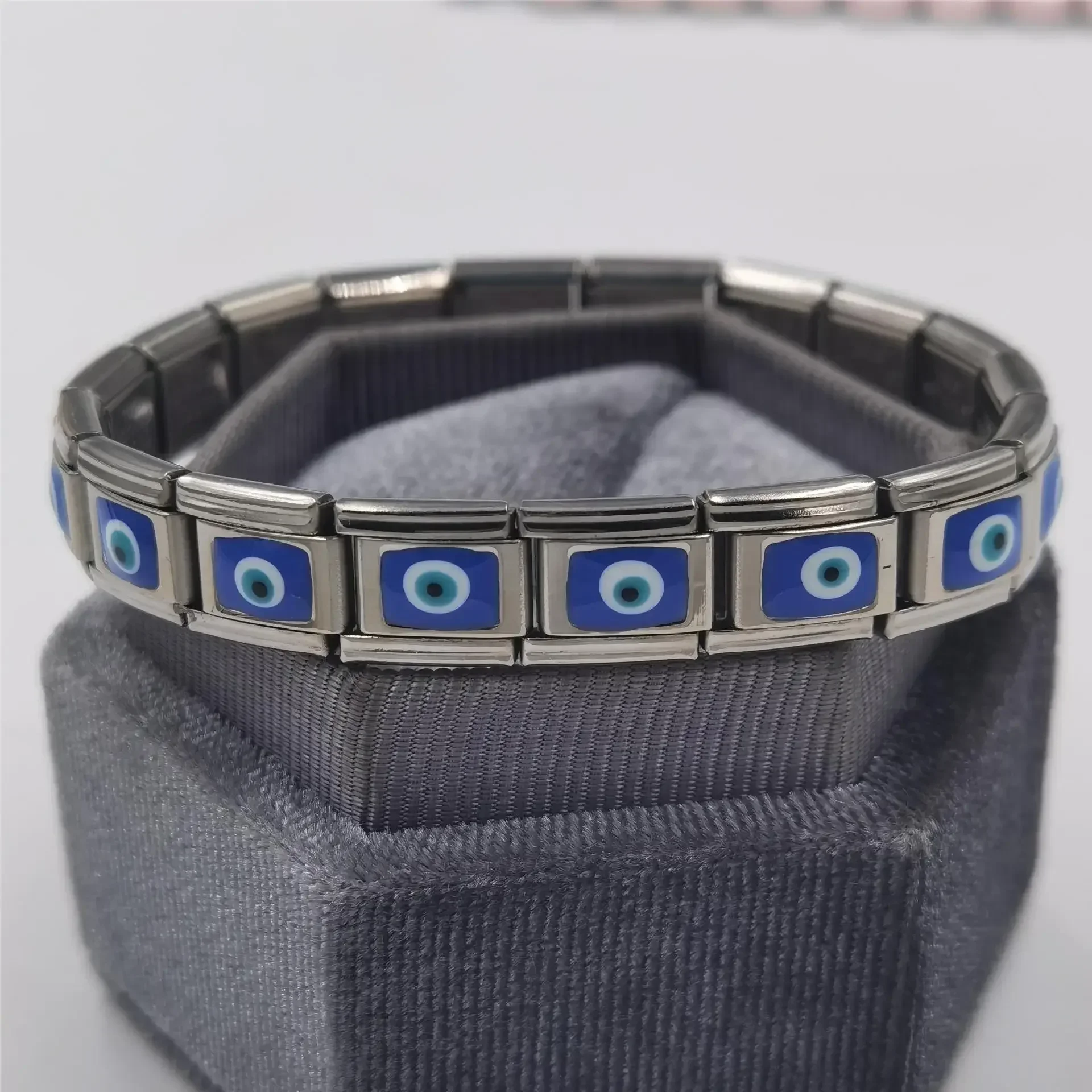 HotHot Selling Standard Italian Module Bracelet with 18 Sections Devil's Eye DIY 9mm Stainless Steel Drip Welding Wristband