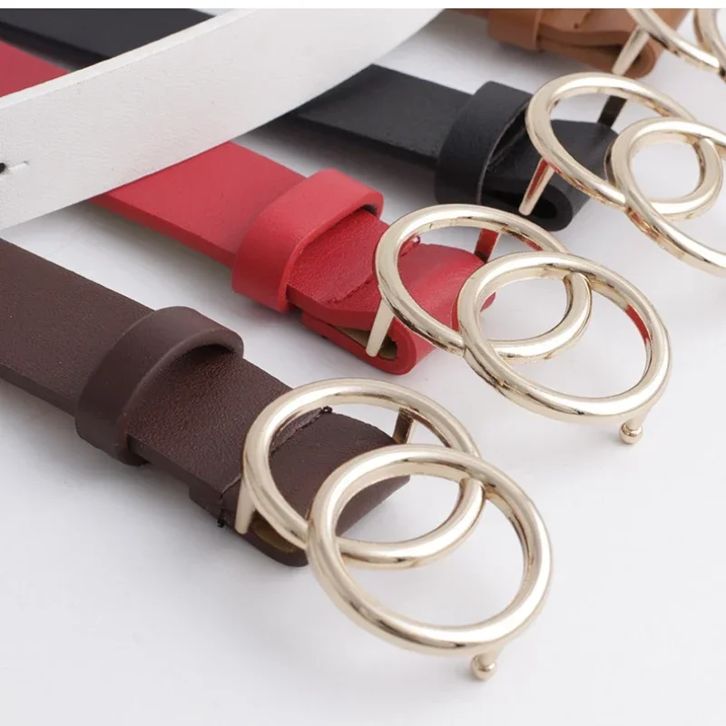 2.7X107cm Fashion Women Leather Belt Classic Retro Metal Double Round Buckle Waist Belt Leisure Dress Jeans Decoration Waistband