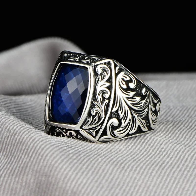 Vintage Punk Geometric Blue Suitable Rings for Anniversary Party Wedding Men\'s High-end Luxury Jewelry