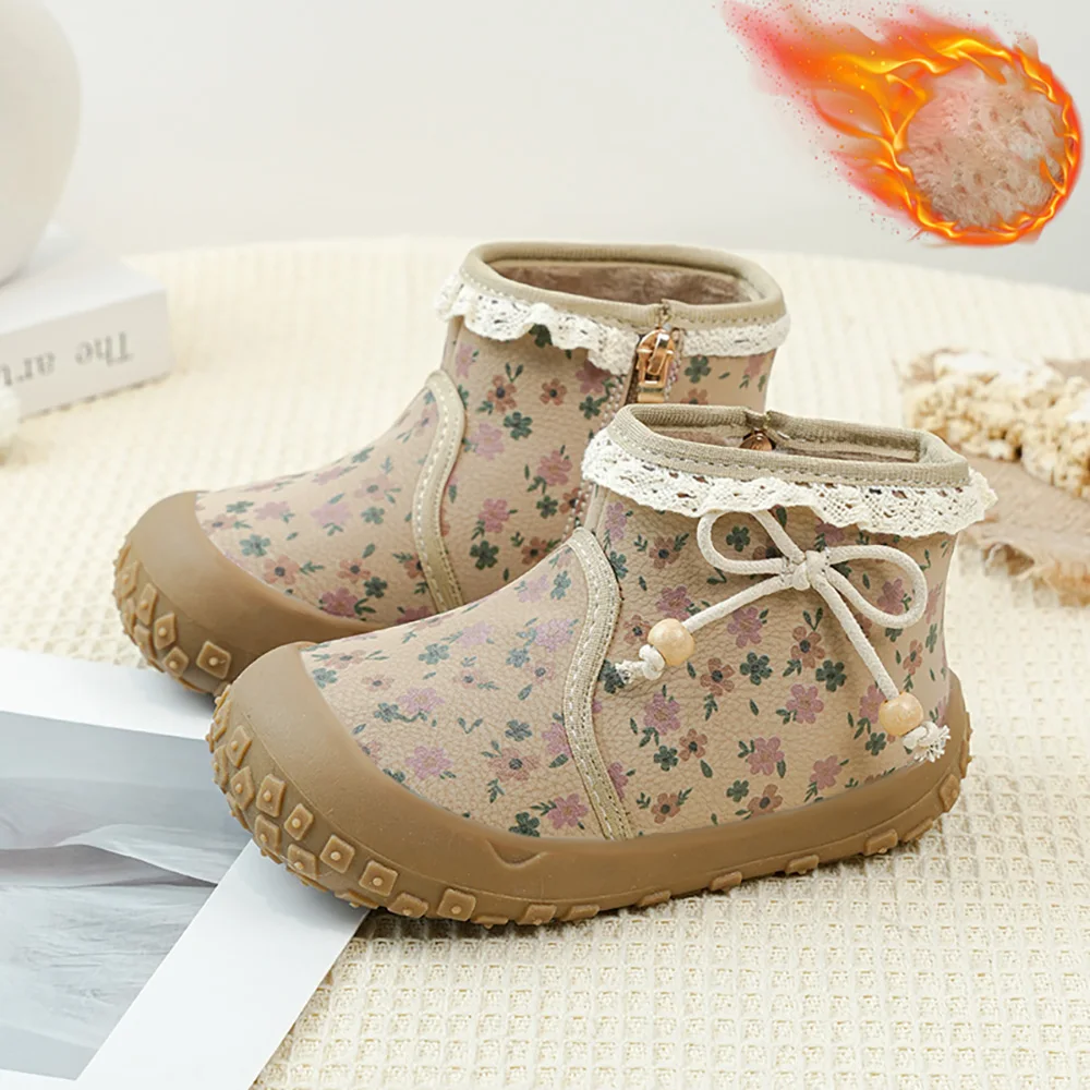 

Зимние ботинки в корейском стиле для девочек, детские плюшевые ботинки с цветочным принтом для подростков, нескользящая хлопковая обувь для девочек, теплые ботинки
