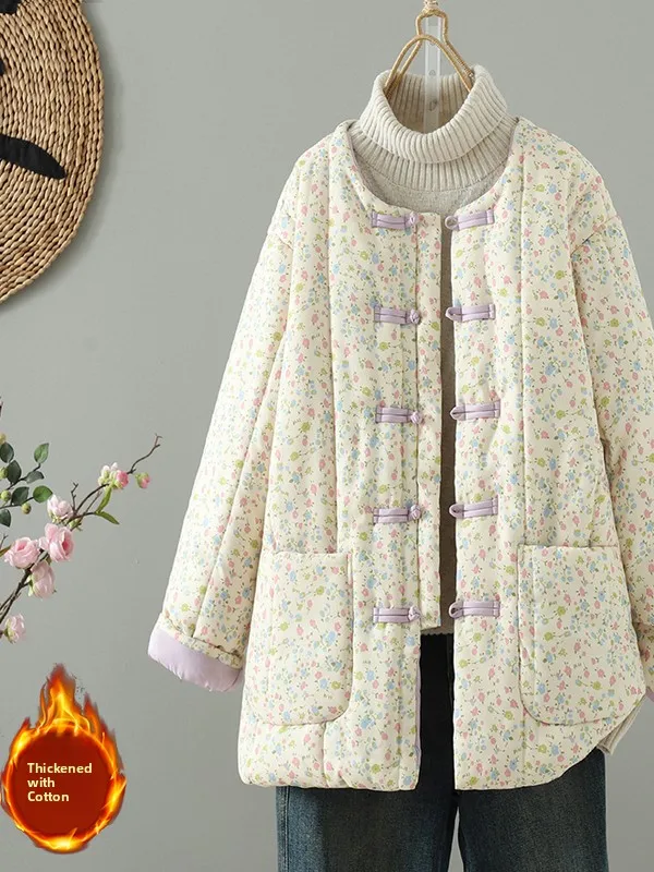 

New Chinese Sle Thiened Cotton Jaet Women's Winter Coat with Button Artistic National Trend Large Size Inner Wear
