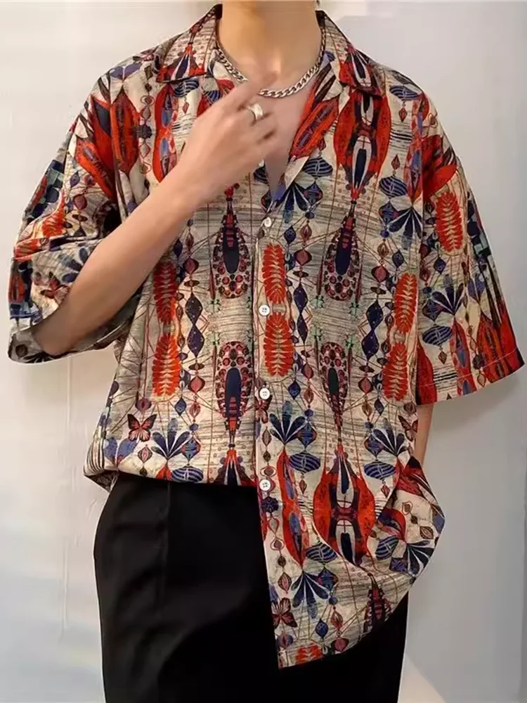 

Vintage Cuban Collar Floral Ice Silk ort Sve irt Summer Youth Faion Loose Fit Printed Casual irt for Men
