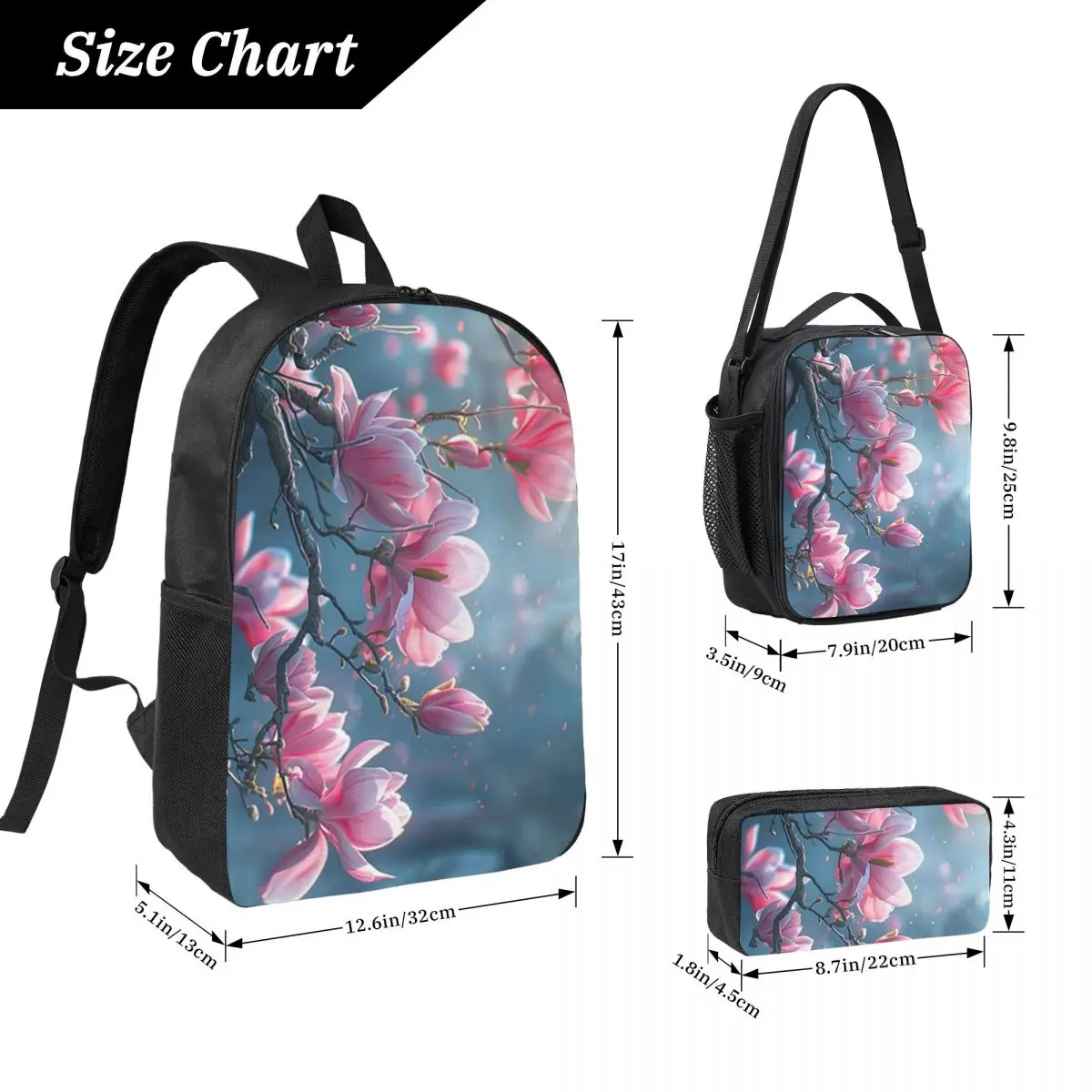 Blooming Pink Magnolias Backpack Boys Girls BookBag School Bag Laptop Shoulder Bags 3ps Insulated Lunch Bag Pencil Case