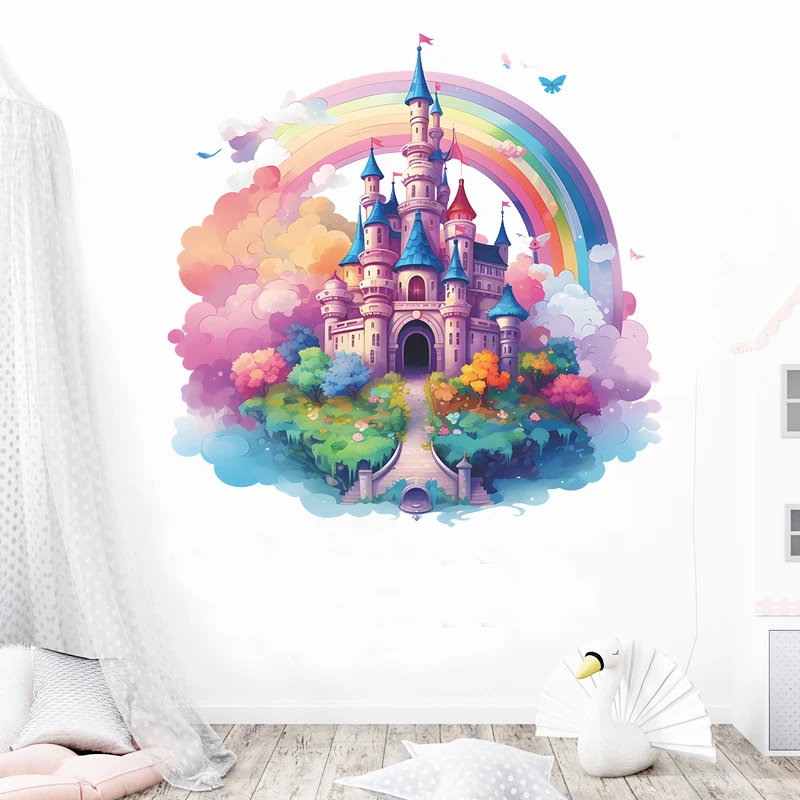 Cartoon Rainbow Castle Magic Kingdom Wall Sticker for Kids Room Girls Room Decoration Princess Castle Vinyl Nursery Decor Decals