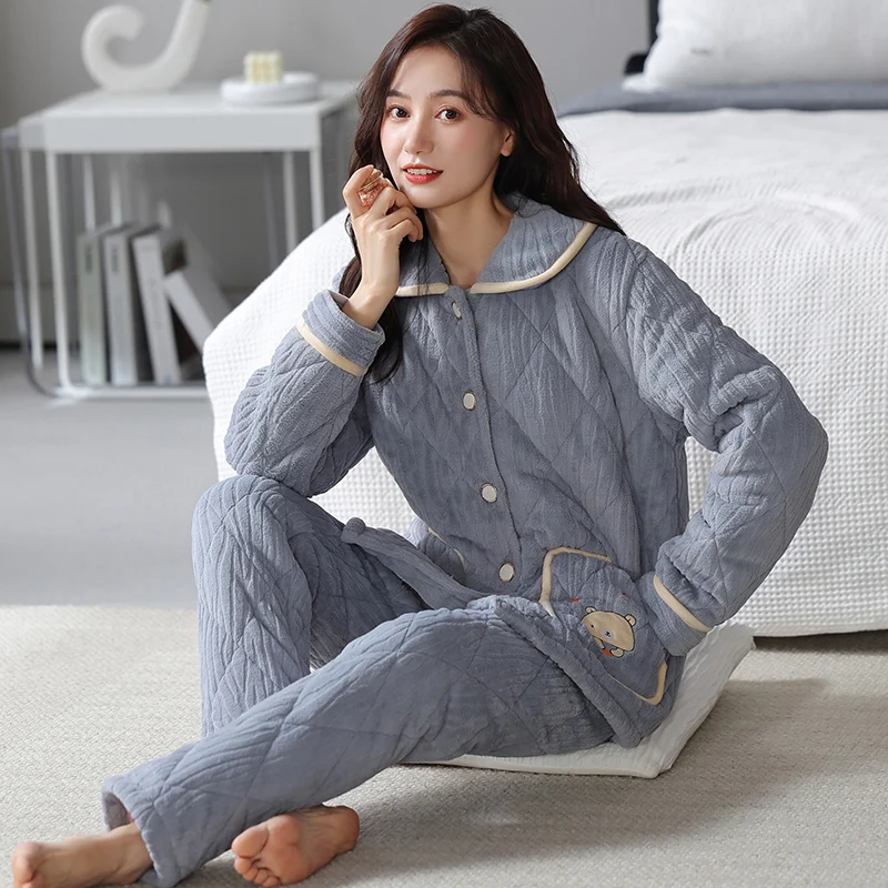 Pyjama chaud et épais à trois couches pour femme, vêtements de nuit, en coton, mignon, dessin animé, confortable et doux, collection hiver M-3XL