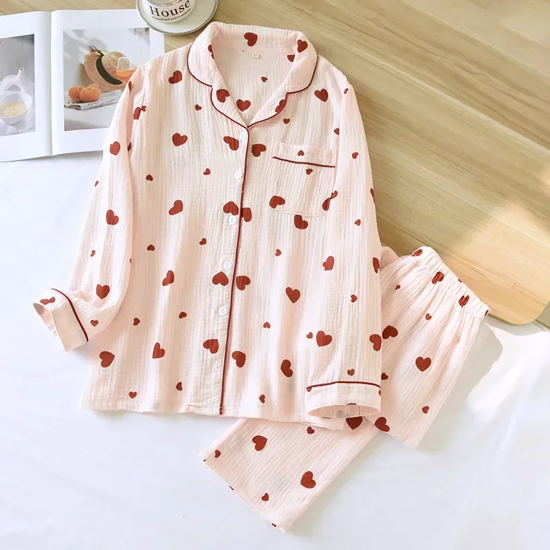 2024 New Spring and Autumn Women\'s Pajama Set 100% Cotton Crepe Long Sleeve Long Pants Two Piece Set Love Sweet Home Clothes