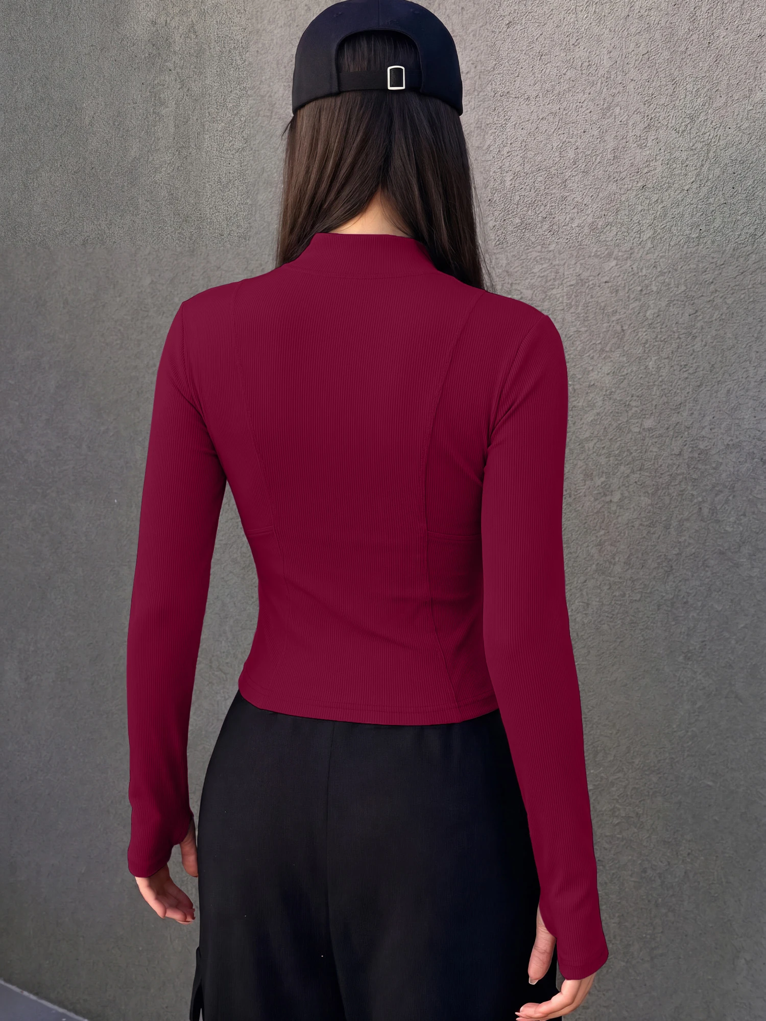 Street Style Ladies Rib Knit Cropped Jacket Full Zip Thumb Cuffs Slim Fit Casual Daily Outer Tops