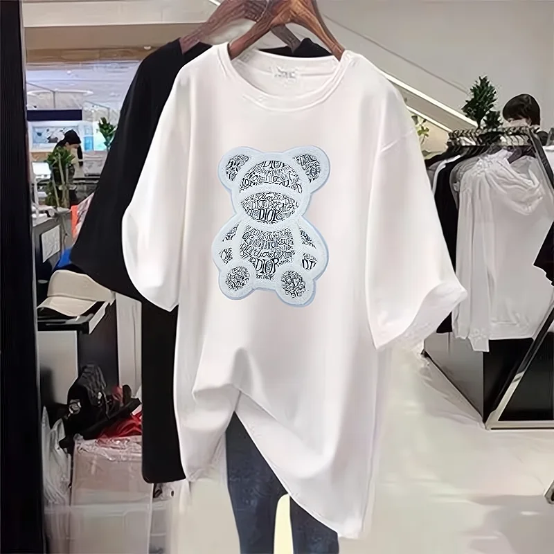 Femme Casual Cartoon Short Sleeve Oversized T-Shirt Summer Simplicity Printing Pullover O-neck Mid Length Top Women Clothing