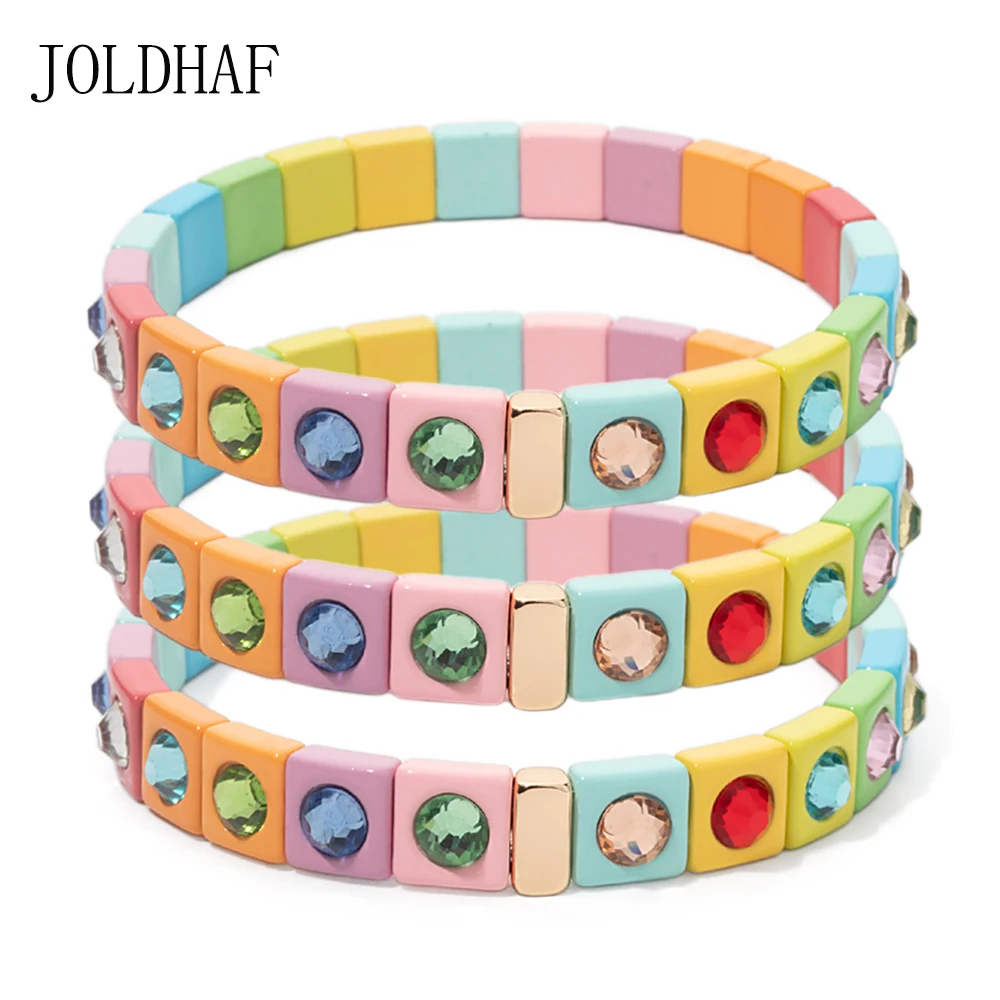 2024 New Design 8x8mm Inlaid Diamond Enamel Bracelets For Women Colorful Bohemian Elastic Bangle Rainbow Color Jewelry Cuff