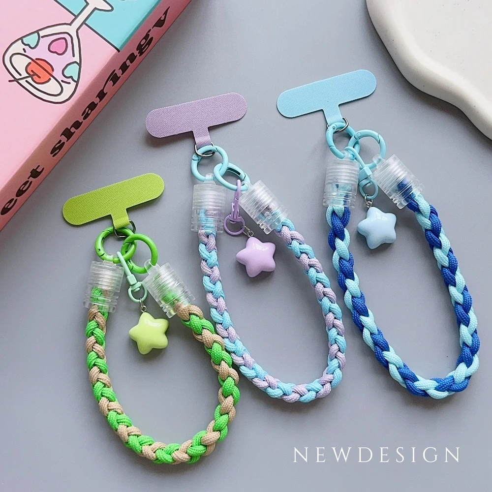 Universal Braided Mobile Phone Lanyard Strap Cartoon Star Hanging Chain Ring Cord with Patch Wrist Strap Cell Phone Detachable