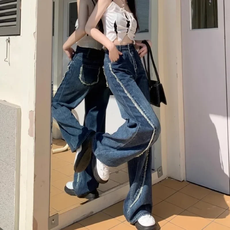 Jeans a gamba larga donna moda coreana nappa retrò vita alta snello straccio Streetwear attraente per il tempo libero semplice tutto-fiammifero quotidiano