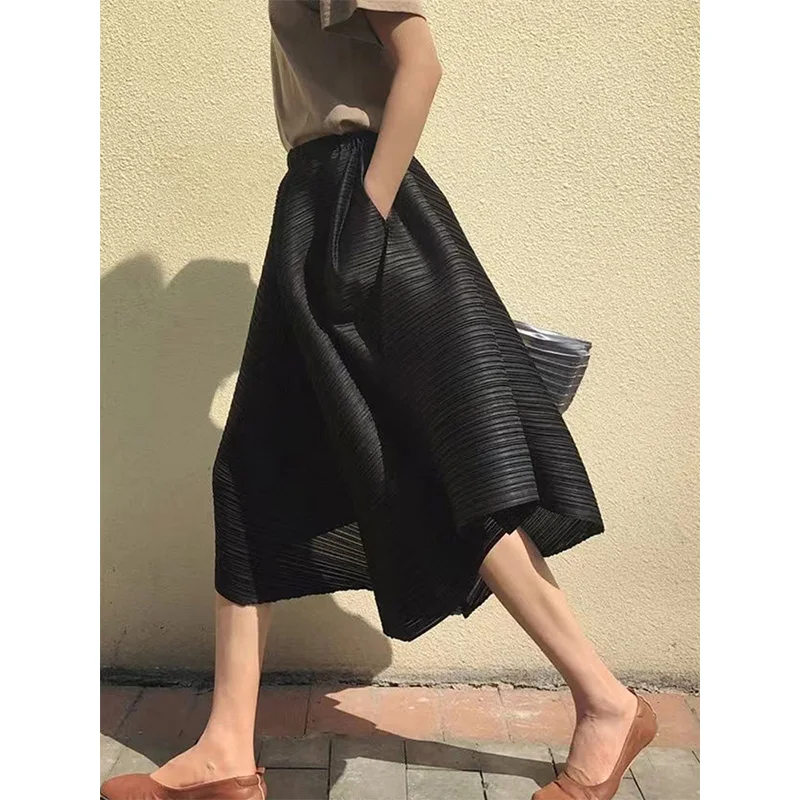 Slimming Wide Leg Pants Spring Summer New Design Pleated Skirt Pants Asymmetrical Hemline Bell-Shaped Loose Fit Casual Trousers