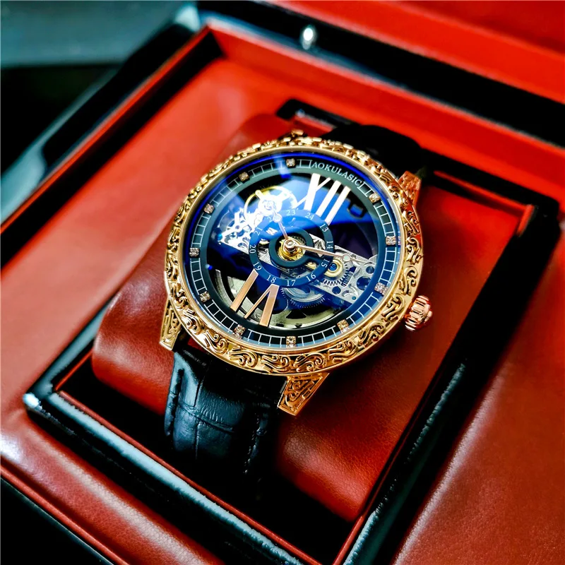 Starlight Stainless Steel Vintage Carved Full Skeleton Luminous Waterproof Genuine Leather Strap Automatic Watch for Men