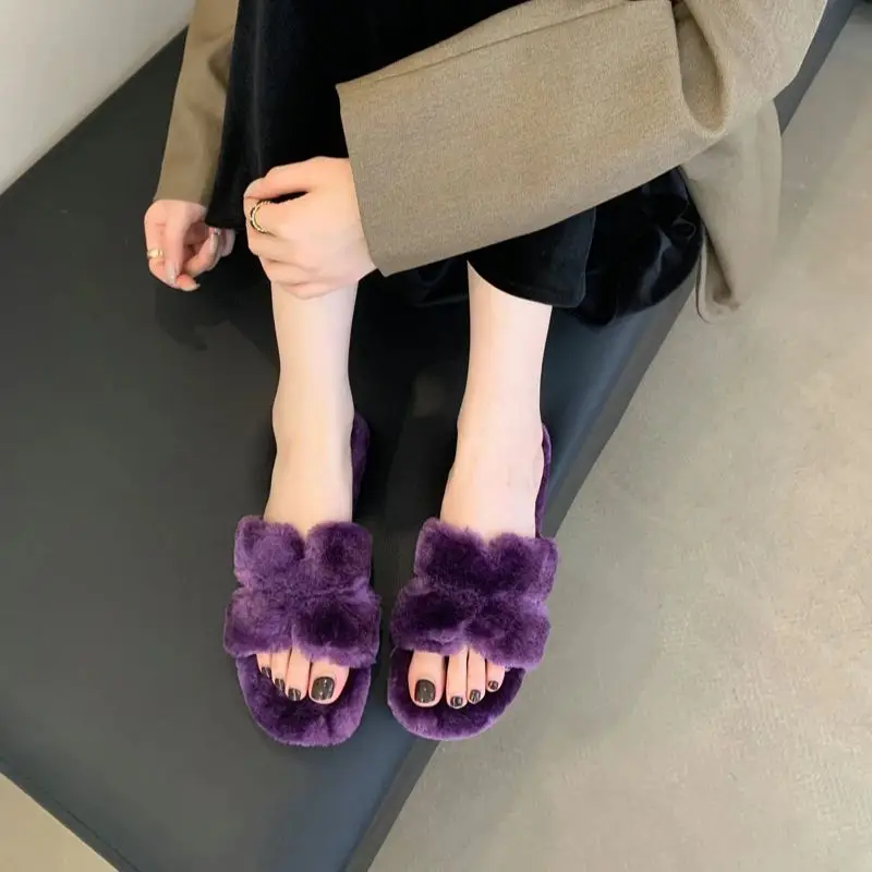 

Green Furry Flat Sandals Women Fluffy Slippers Purple Flip Flops Casual Ladies Slippers Brown Flats Shoes Sandalias De Mujer