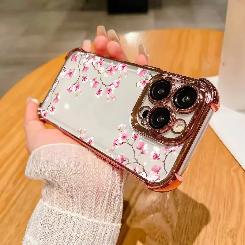 Case For Xiaomi 15T 14T Pro 15 Ultra 13 14 POCO X7 X6 Pro F8 F7 M7 X5 X3 F3 F4 F5 M4 Floral Flower Electroplated Edge TPU Cover