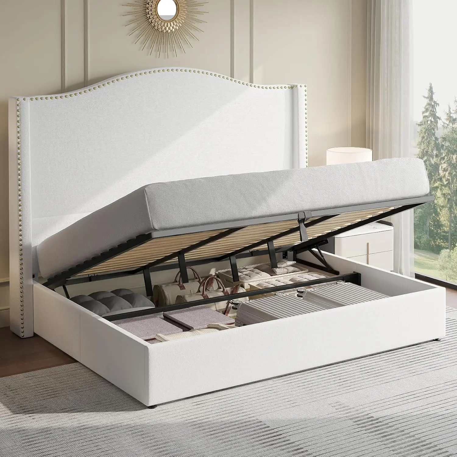 Up Storage Bed King Size, Upholstered Platform Bed Frame Tall Headboard with Wingback, Hydraulic Lifting Underneath