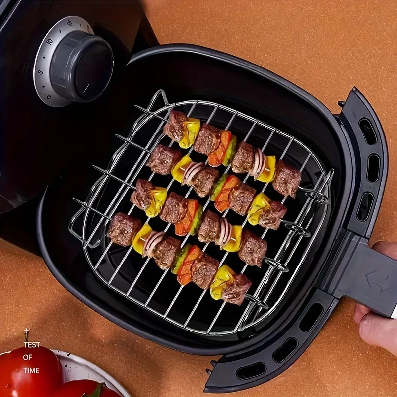 1 Set of Air Fryer Square Grill Stainless Steel, with 4 Barbecue Skewers Grill, Air Fryer Accessories, Cooking Rack, Kitchen