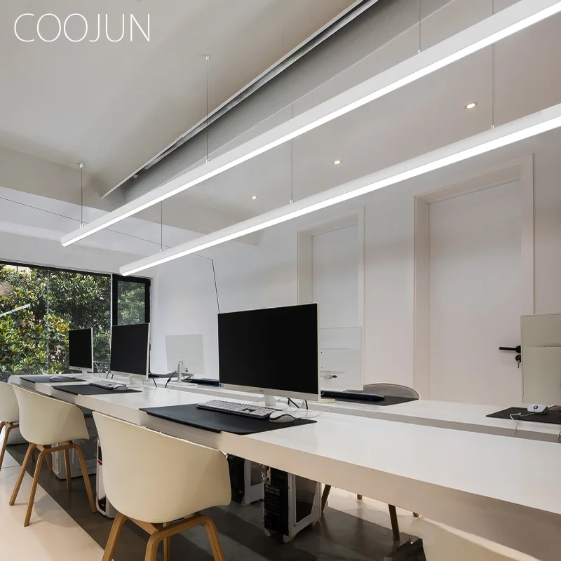 COOJUN 24W Deep anti-glare Minimalist Black White Pendant Chandelier Lamps Modern Long Strip Lights Dining Table Office Lighting