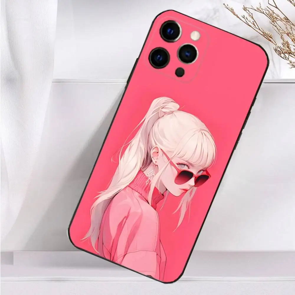 Funda rosa de dibujos animados Beauty Girl para iPhone 16,15,17,14,13,12,11 Plus,Pro Max,XS,X,XR,SE,Mini,8,7 funda negra de silicona suave