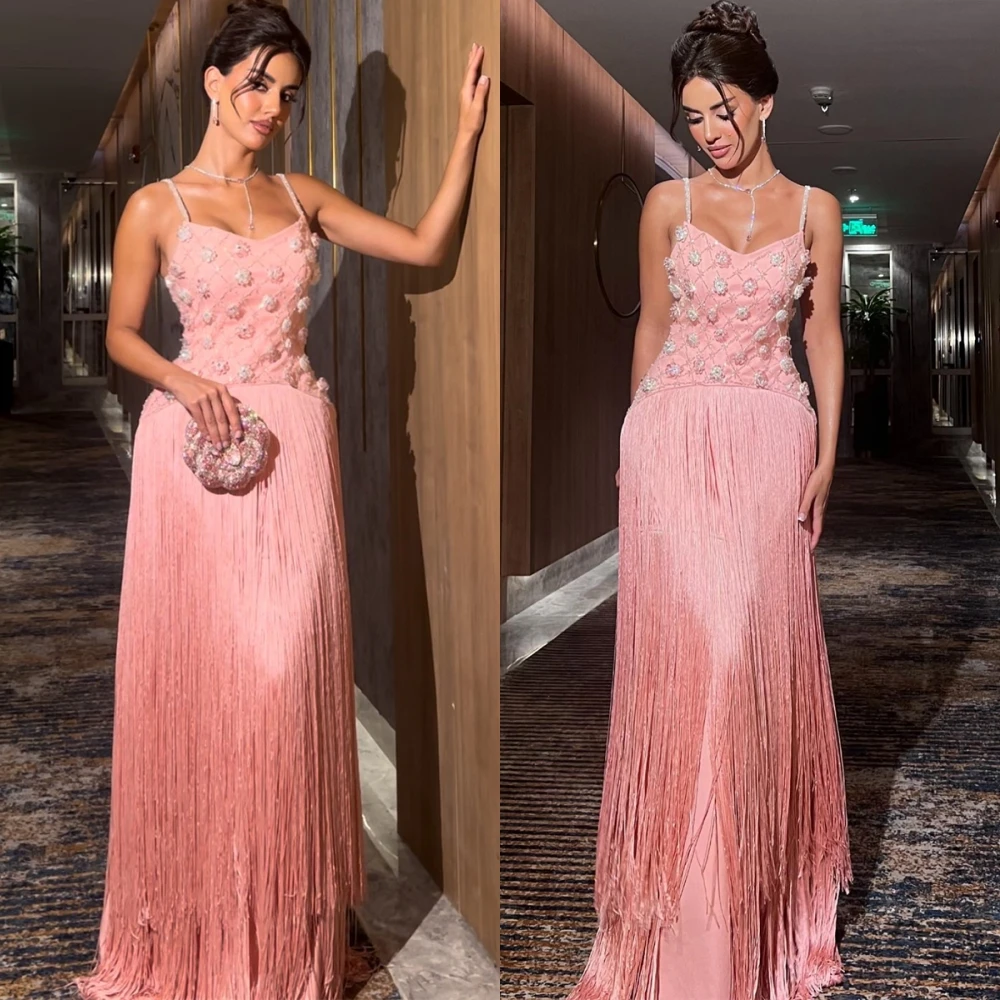 

Customized Luxury Pink Jersey Evening Dress Formal Spaghetti Straps Sleeveless Prom Dresses Delicate Beading Tassel Party Dress