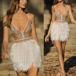 Women Party Dresses Elegant Short Feather Dress Ladies Sexy Backless V-neck Bandage Bodycon Dress Banquet Clothing