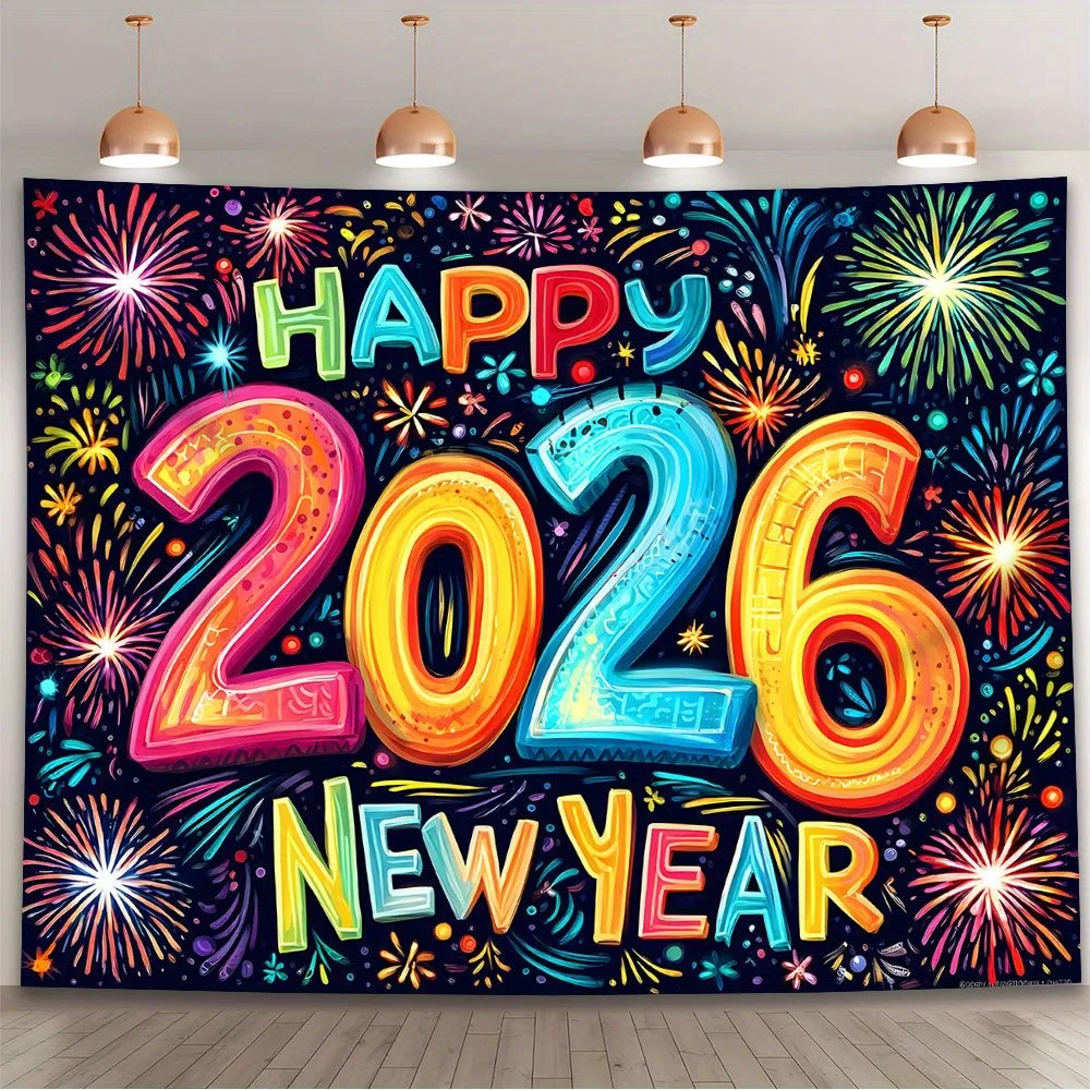 Feliz Año Nuevo 2026 Fondo de fiesta Banner - Fuegos artificiales de neón - Decoración de poliéster duradera para cumpleaños y bodas