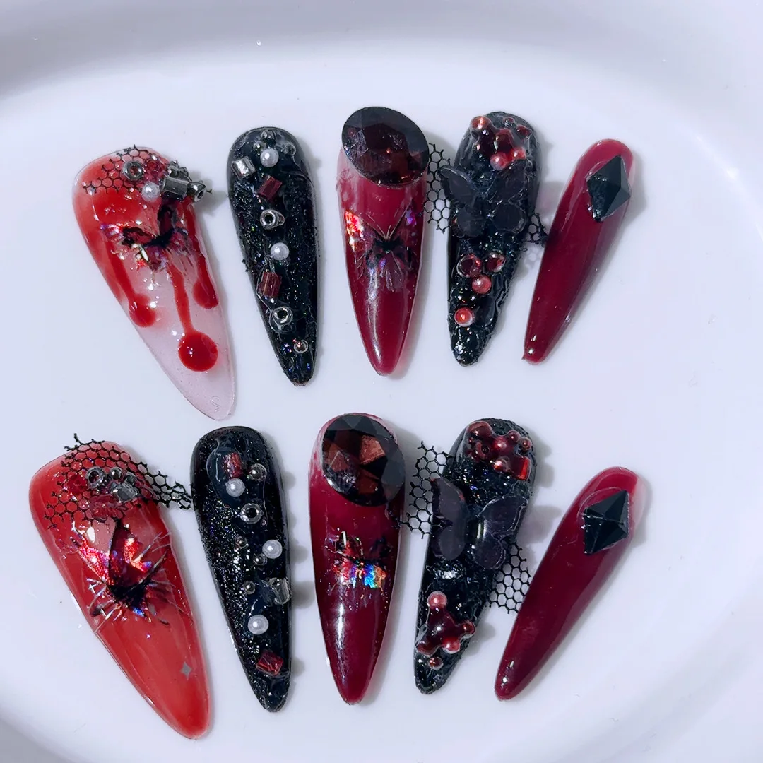 

10pcs Handmade Press on nails Heavy Metal Punk Style False Nails with Red Crystal Design Black Y2k Long Almond Fake Nail Tips