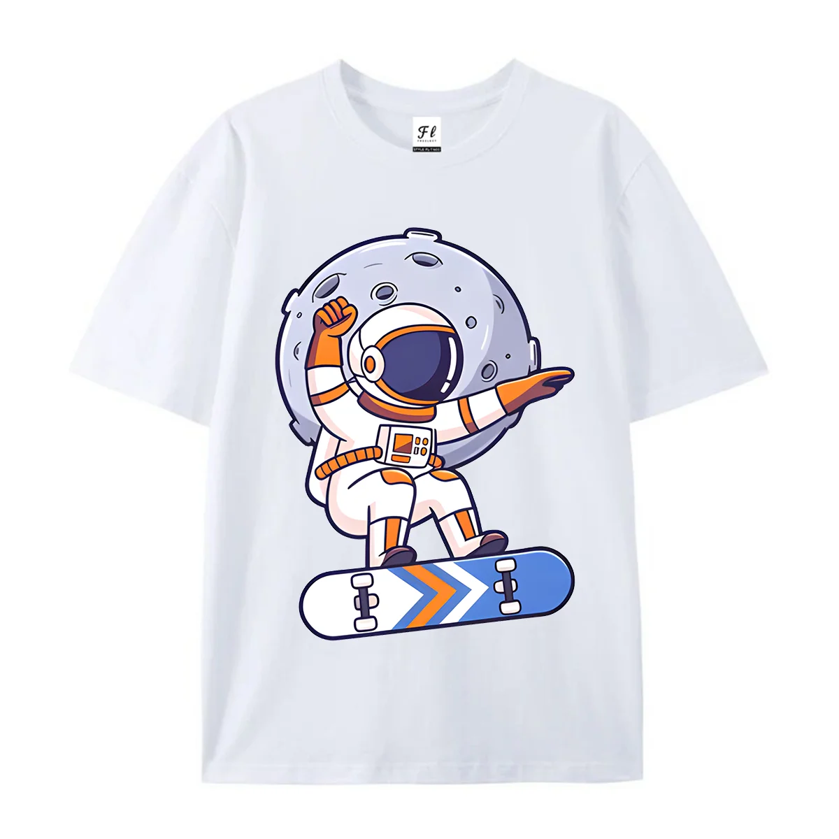 Unisex Short Sleeve T Shirt Cartoon Astronaut Skateboard Moon Print Crew Neck Tees Summer Casual Tops For Men Women Street Space