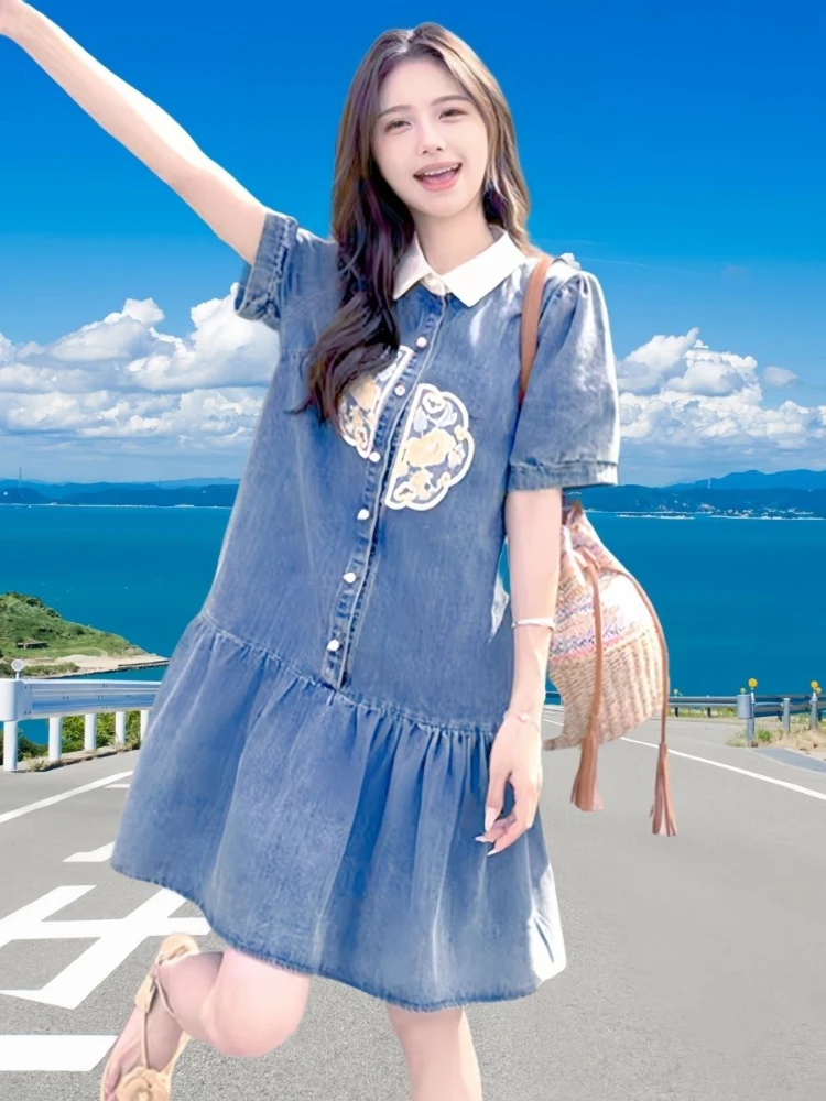 New Women Clothing 2024 Summer Slim Female Vestidos POLO Collar Embroidery Dress Retro Denim Loose Puff Sleeve Mid length Skirt