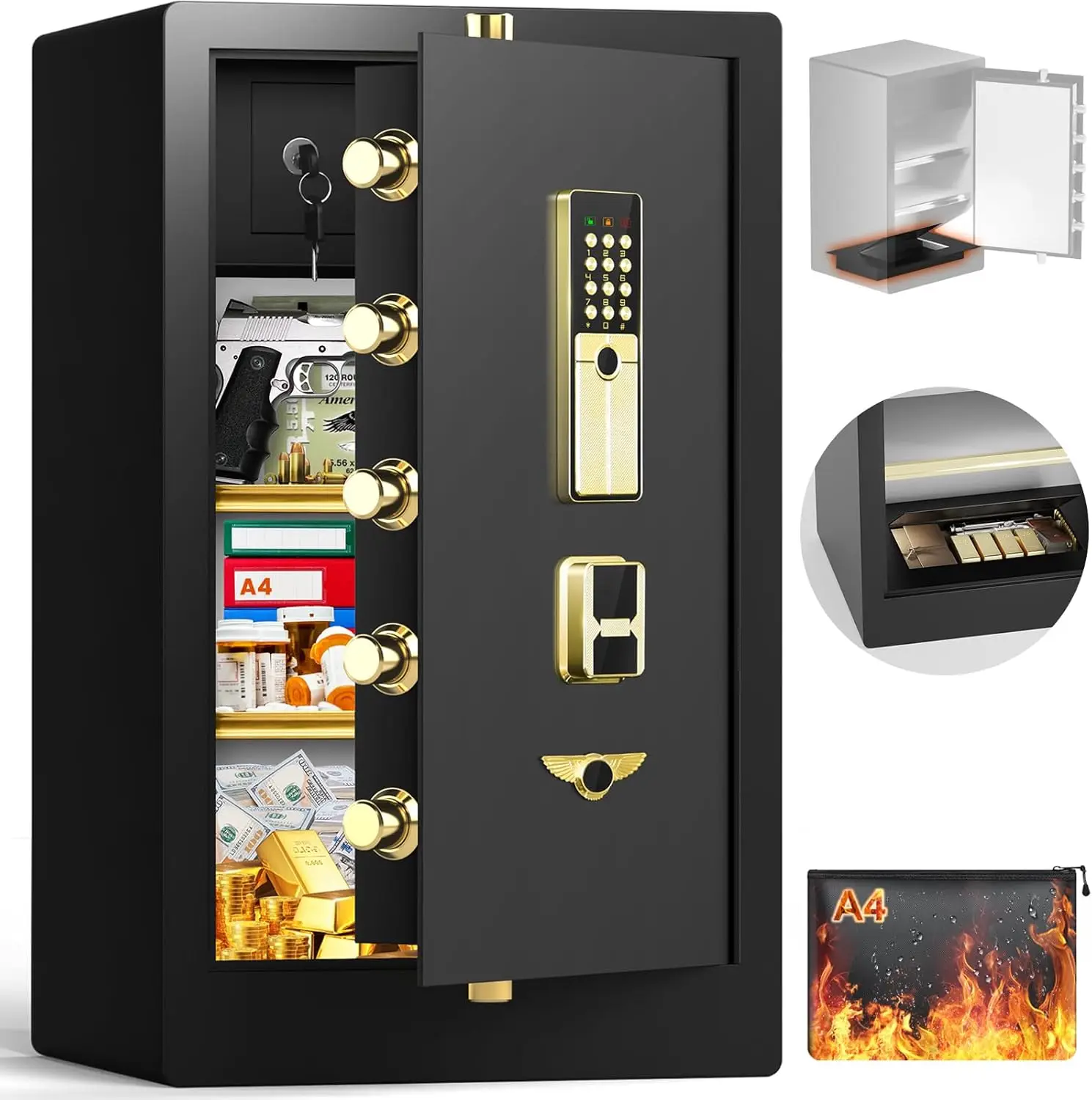 Super Large Steel Security Home Safe Box With Fireproof Waterproof Bag, Heavy Duty Document Safes With Programmable Keypad Key