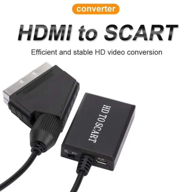 GRWIBEOU HDMI-compatible To SCART Video Audio Converter Adapter for HD TV DVD for Sky Box STB Plug and Play Power Cable Upscale