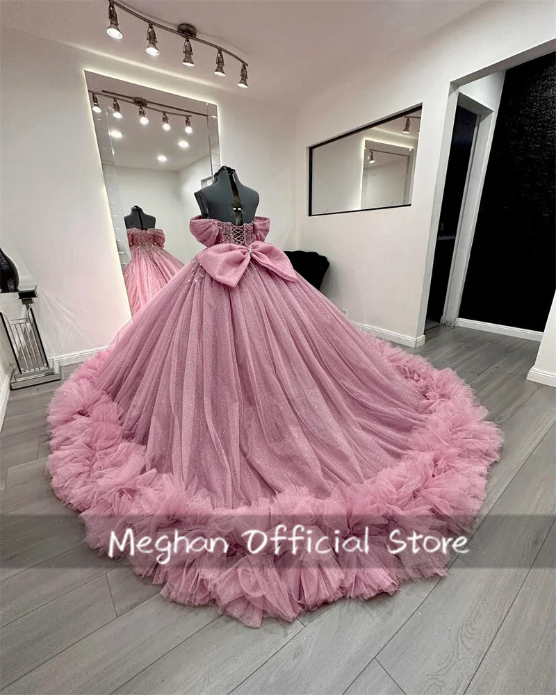 México rosa fora do ombro grânulo apliques quinceanera vestido 2025 vestido de baile vestidos de festa de aniversário babados arco doce 15 personalizado