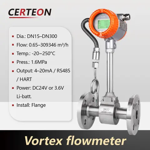 Vortex Flow Meter 304SS Flange 4‑20mA RS485 Modbus High‑Temp Steam/Air/Gas Temp & Pressure Compensated