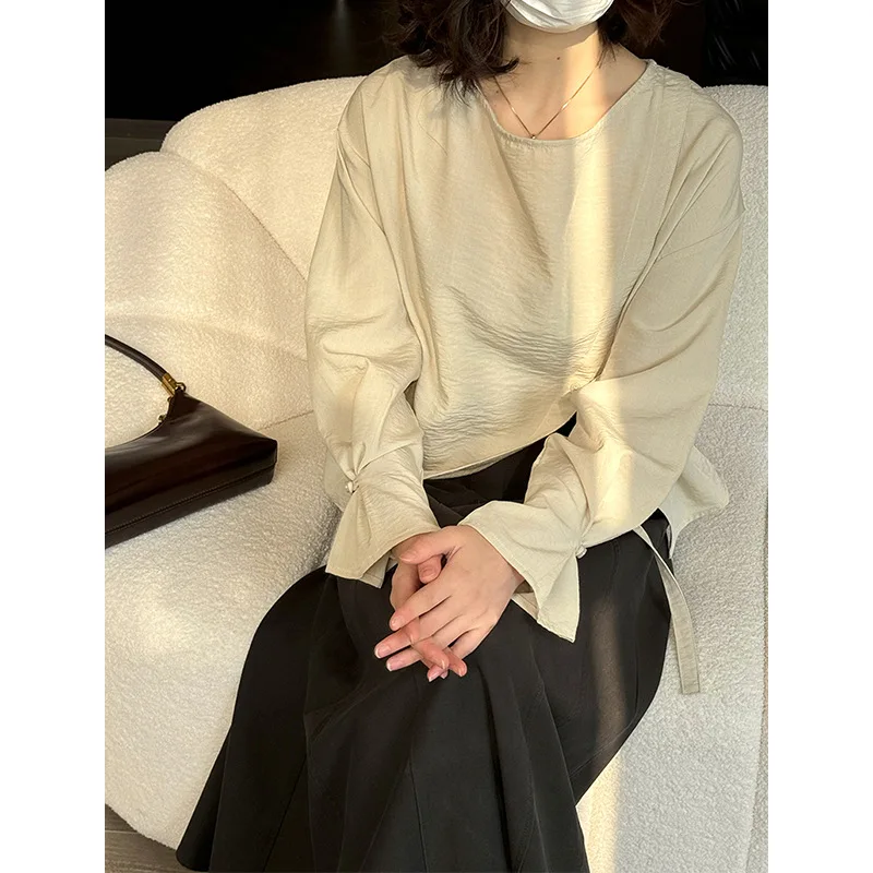 Camicia a maniche lunghe da donna primavera autunno, girocollo in vita in stile coreano, top da donna dimagrante con coulisse, abiti casual