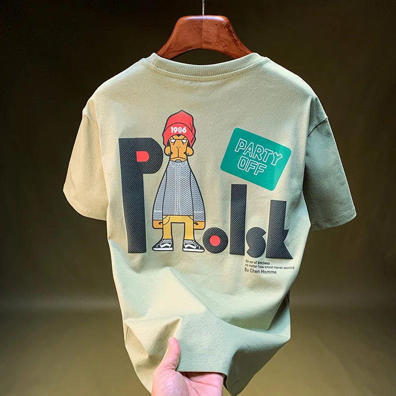 Kaus Lengan Pendek Pria Pakaian Nyaman Bersirkulasi Elastis Baru Musim Panas Pria, Atasan Cetak Kreatif Longgar dan Modis