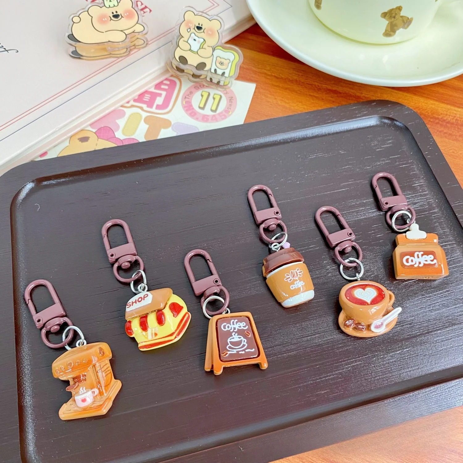 6Pcs Cute Coffee Shop Dragon Tooth Buckle Sweet Girl Pendant Star Cartoon Backpack Bag Pendant Girlfriend Accessories Kids Gift