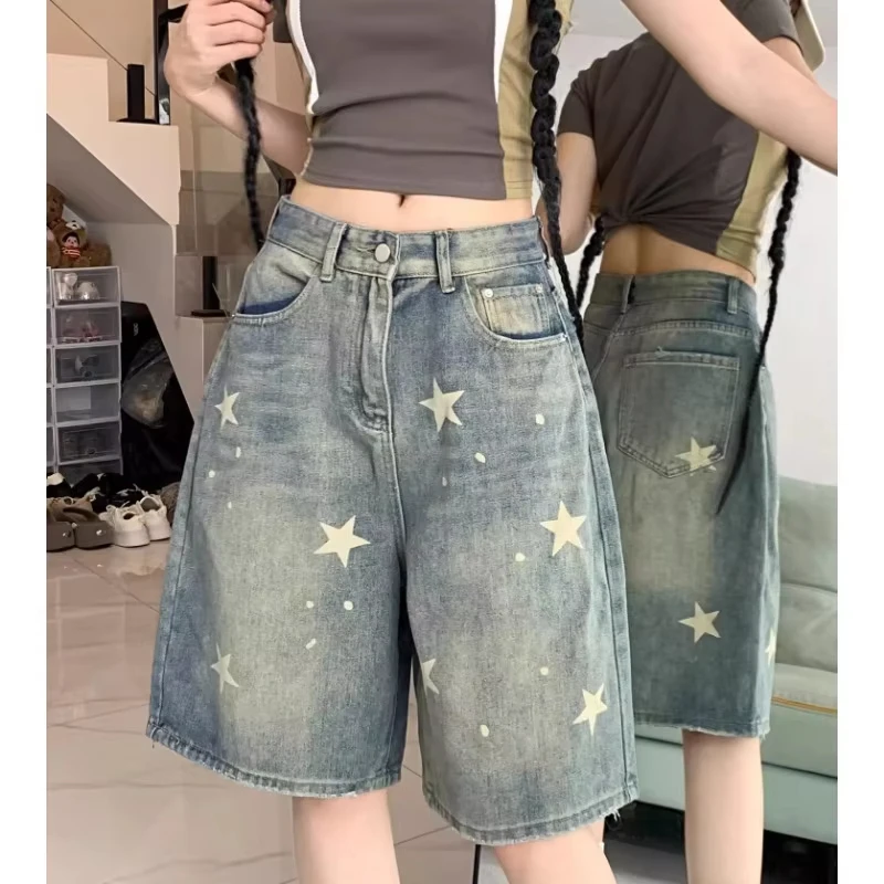 GG Casual Floral Print Loose Wide Leg Womens Jeans New American Retro Star Design Straight Leg Comfort Stretch Soft Denim Shorts
