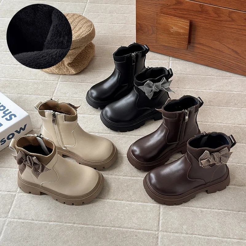 Girls Children Princess Shoes with Butterfly Knot Soft Sole High Top Studded Boots Kids Casual PU Leather Boots Pure Color Shoes
