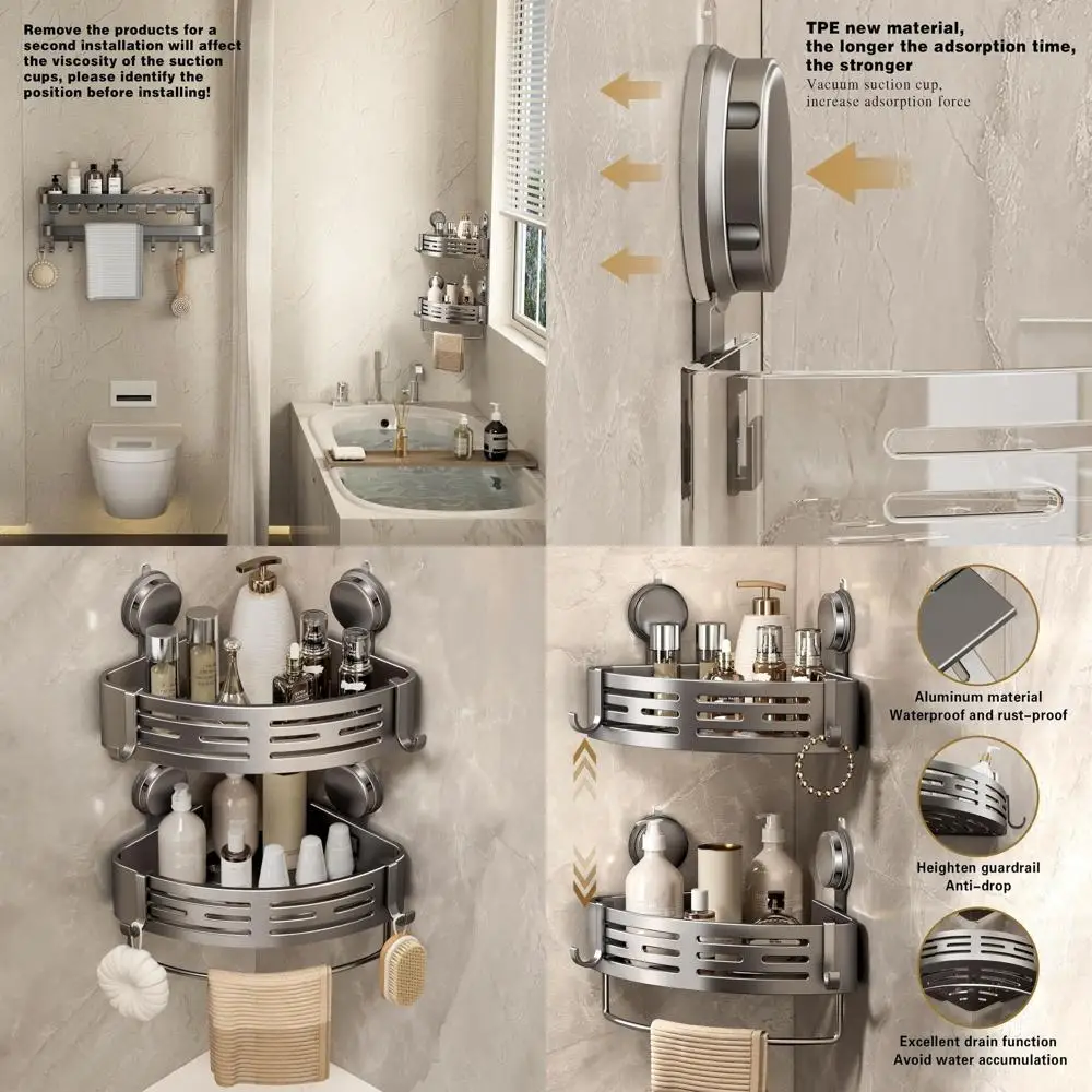 

Клейкая душевая кабина с присоской, стеллаж для хранения в ванной комнате без сверления, 2 шт., матовый серый цвет, в комплект входят крючки для полотенец