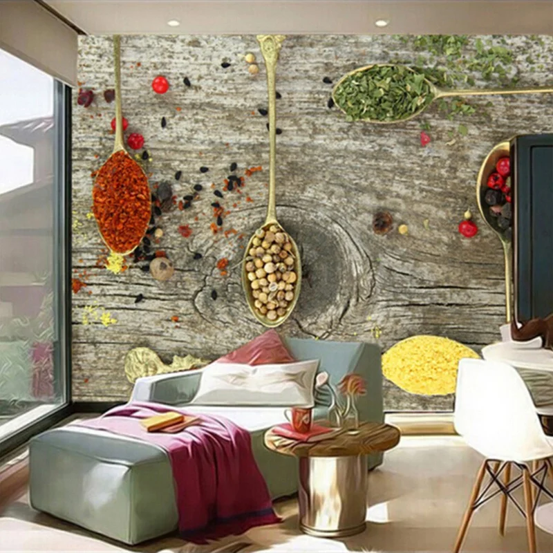 

Custom 3D Mural Wallpaper Spices Spoon Food Wallpapers Restaurant Kitchen Coffee Shop Background Wallpaper Papel De Parede 3D