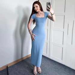 CUTENOVA Summer Basic Simple Square Collar  Solid Color Long Dress Short Sleeve Skinny Casual Maxi Dress For Women Streetwear